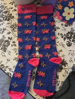Figs Blue Crew Socks with Pink Dinosaur Motif